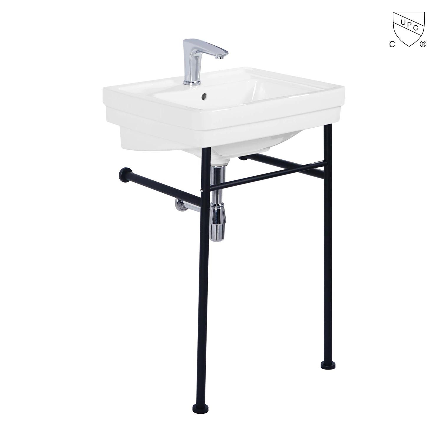 Premium glassy white ceramic upc certified bathroom sink with 304 stainless steel matte black console stand